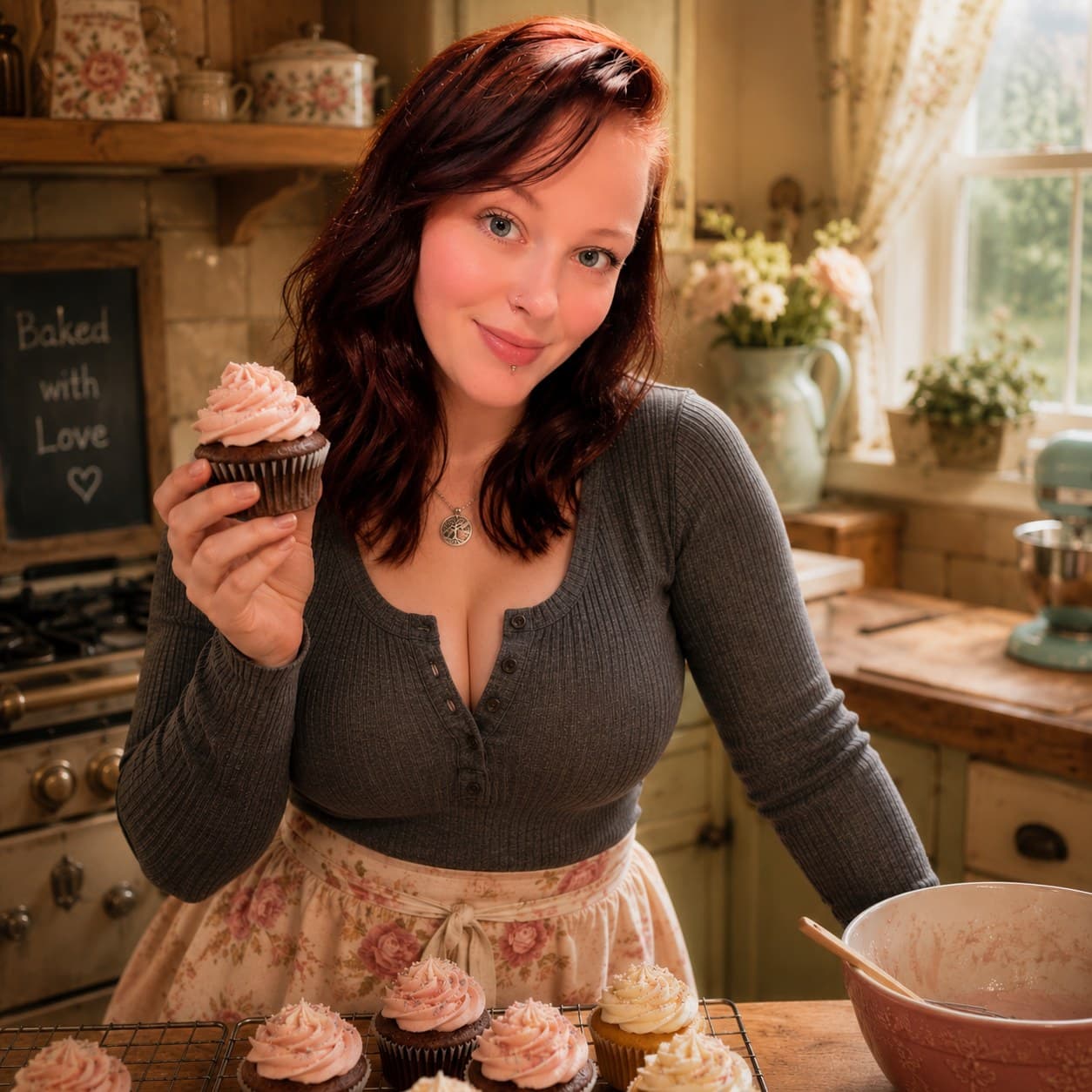 The baker behind The Wild Oven, holding a freshly frosted cupcake
